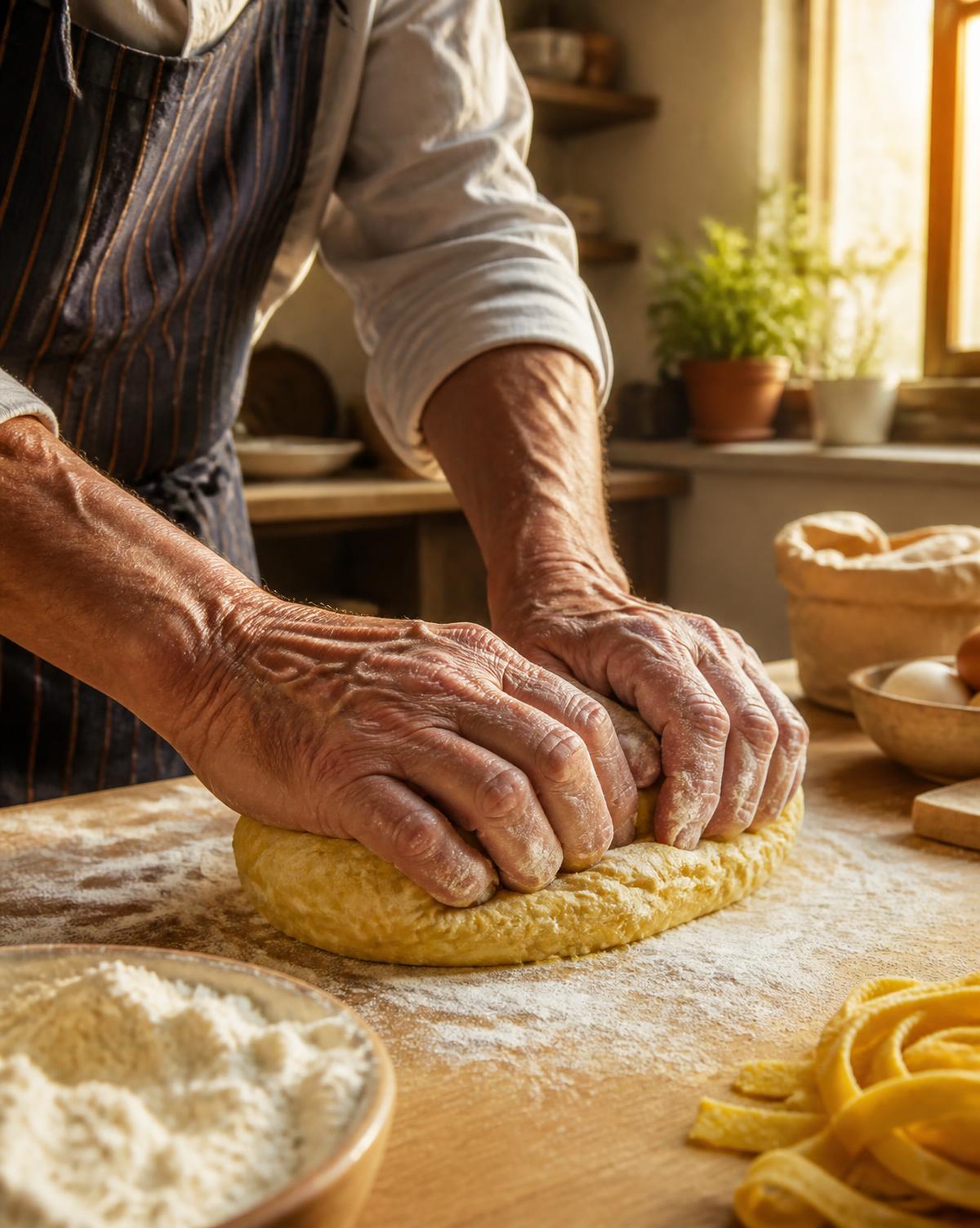 Hands working fresh pasta dough in a sunlit kitchen